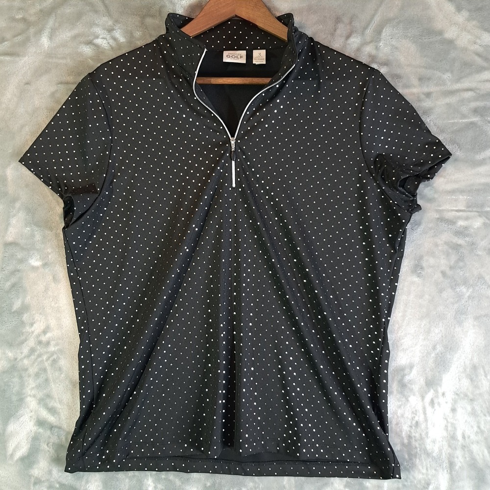 Chico's Zenergy Golf Polo Shirt Womens XL Size 3 Black Polka Dot Quarter Zip UPF